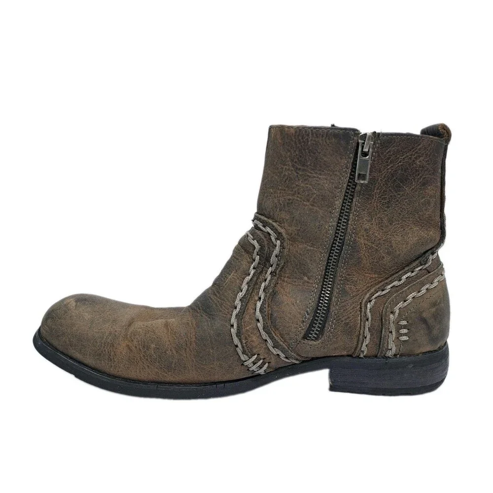 Bed Stu Men's 10 Revolution Distressed Leather Boots Whipstitch Side Zip Zipper